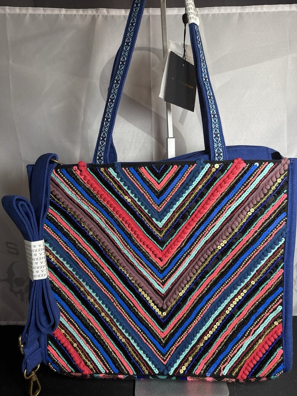 America & Beyond Beaded Tote Bag Blue Multicolor Sequin Shoulder Bag MSRP $118